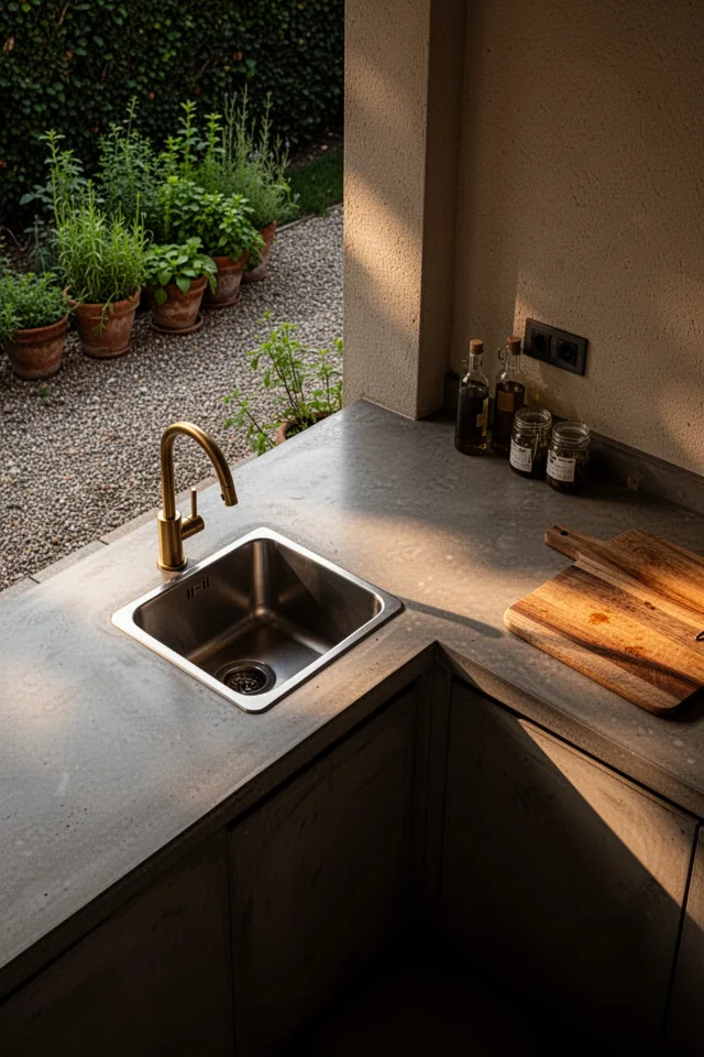 Warm afternoon light slants across a matte grey concrete countertop that forms an L-shape around a corner of a covered patio. A single stainless steel prep sink sits at the short leg. A brushed brass faucet arcs over it. On the long leg, a wooden cutting board and a few jars of oil sit in shadow. Beyond the edge, you see the edge of a gravel path and a cluster of potted herbs.