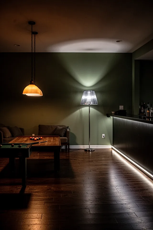 15 Rec Room Ideas You Will Never Want To Leave Wide-angle shot of a dimly lit rec room with three distinct light sources: a warm pendant light over a low table, a floor lamp with a translucent shade casting an upward wash on the wall, and a thin LED strip under a bar counter. The room feels shadowy but intentional, no overhead can lights visible. The floor is dark stained wood, and the walls are a deep sage green. No harsh glare anywhere, just pools of light.