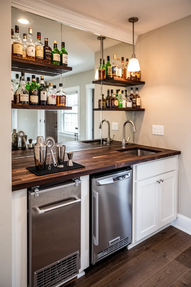 15 Rec Room Ideas You Will Never Want To Leave Wide shot of a built-in home bar with a dark butcher-block countertop, a small undercounter ice maker, and a mirrored backsplash. Bottles are arranged on two-tier shelves. A cocktail shaker, strainer, and jigger sit on a rubber bar mat. The lighting is warm and indirect, with a pendant light over the sink area. The ice maker is silver, sleek, and vents at the front.
