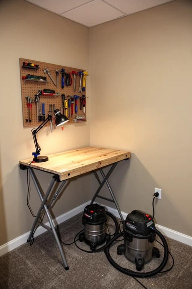 15 Rec Room Ideas You Will Never Want To Leave Wide shot of a corner of a rec room set up as a small workshop. A folding workbench with a wood top is pushed against the wall. A pegboard with tools hangs above. A task lamp clamps to the bench. A shop vac is on the floor. The wall has a single electrical outlet with a switched extension cord. The area is compact, about 8x6 feet.