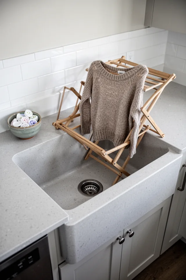 Wide shot of a countertop with an integrated sink basin — a single piece of manufactured quartz in a pale gray. The sink is deep but not farmhouse style; it has a gentle slope toward the drain. On the counter to the left, a small ceramic bowl holds laundry pods. A wooden drying rack sits over the sink with a single wet sweater. The counter extends a foot on either side. The backsplash is a simple white subway tile. The lighting is natural and even. The scene feels clean but not sterile. 35mm lens, slightly high angle.