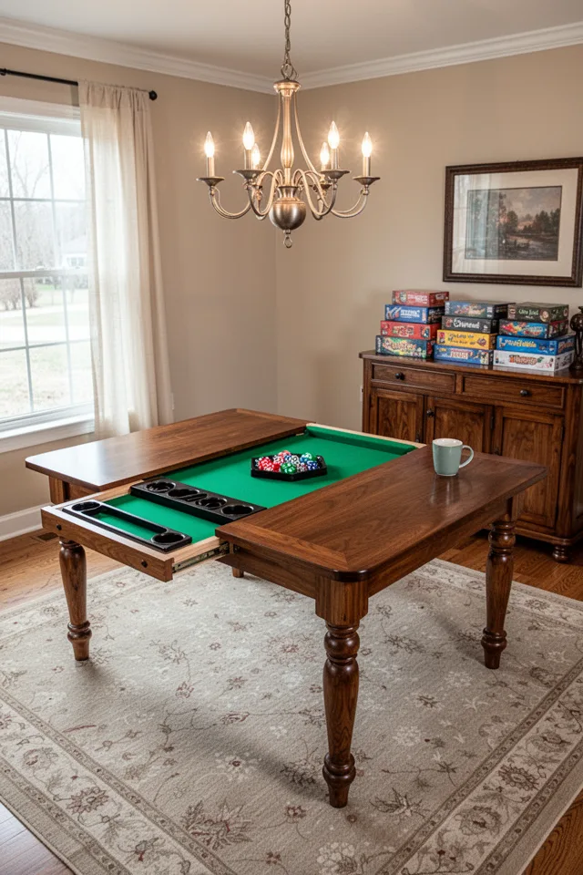 15 Rec Room Ideas You Will Never Want To Leave Wide shot of a dining room table in walnut finish, but one side is flipped open to reveal a recessed green felt surface with a dice tray and cup holders. The table stands on turned legs. The room has a chandelier above and a sideboard with board game boxes stacked neatly. A coffee mug sits on the solid wood half.