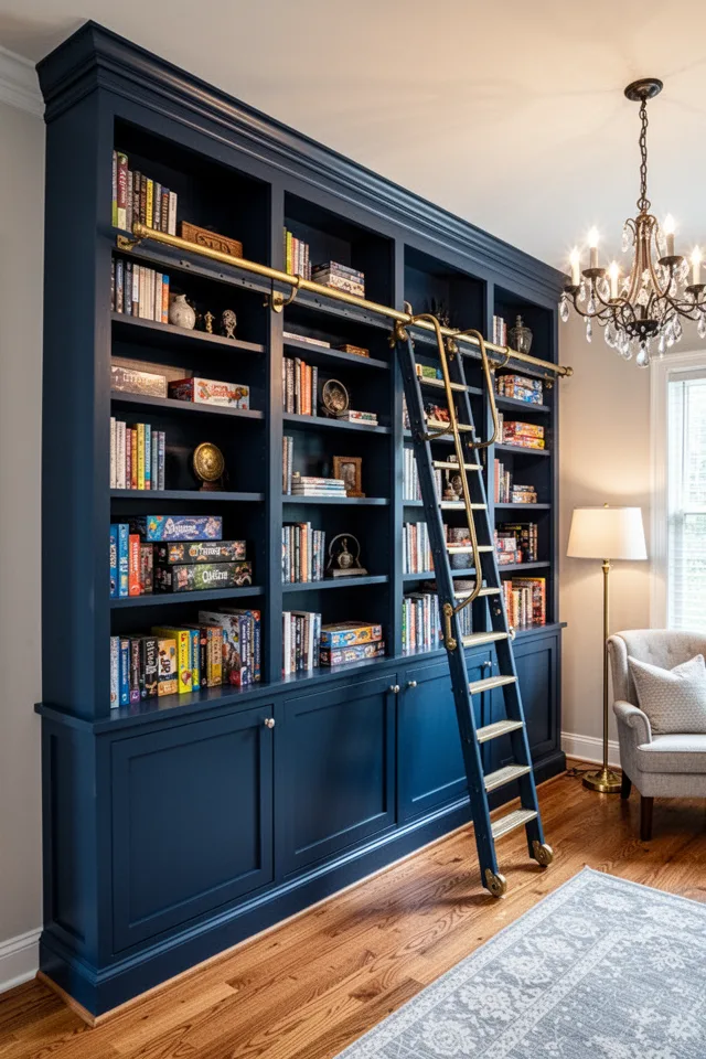 15 Rec Room Ideas You Will Never Want To Leave Wide shot of a floor-to-ceiling bookcase built into a wall, painted in a deep navy. The shelves are filled with books, board games, and a few decorative objects. A rolling ladder with brass rail sits at the end of the shelf, anchored to a track on the shelf edge. The floor is hardwood. The room is lit by a chandelier and a floor lamp next to an armchair.
